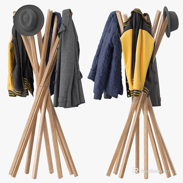 Wooden Tripod Coat Racks With Hanging Yellow Blue And Gray Garments 3d model 