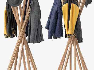 Wooden Tripod Coat Racks With Hanging Yellow Blue And Gray Garments 3d model