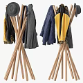 Wooden Tripod Coat Racks With Hanging Yellow Blue And Gray Garments