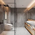 Modern Bathroom Interior Design With Grey Marble Walls Glass Shower Smart Toilet And Large Mirror 3d model