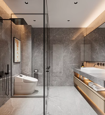 Modern Bathroom Interior Design With Grey Marble Walls Glass Shower Smart Toilet And Large Mirror 3d model