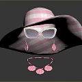 Pink And White Plaid Wide Brimmed Hat With White Sunglasses And Shell Hairband