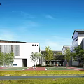 Modern School Building Complex With Classroom Buildings Sports Field Basketball Court And Green Areas
