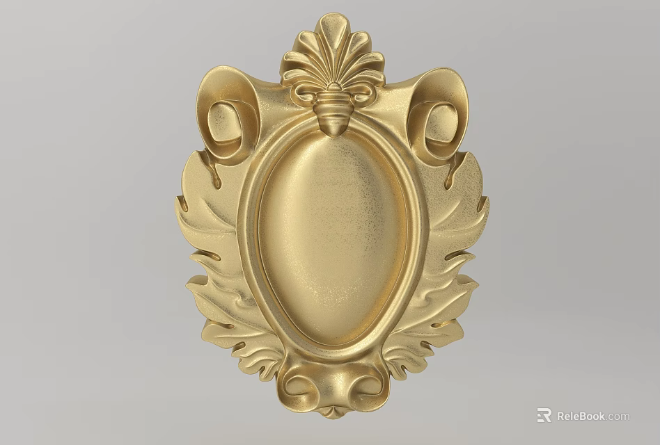 Golden Ornate Carved Decoration With Leaf Motifs Scrolls Floral Top And Oval Center 3d model 