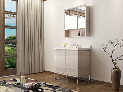 Modern Bathroom Vanity With Light Wood Cabinet Mirror And Scenic Window View 3d model