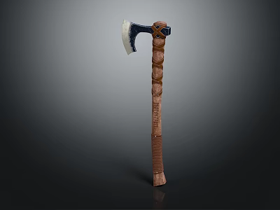 Handcrafted Axe With Polished Metal Head And Intricate Carved Wooden Handle 3d model