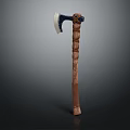 Handcrafted Axe With Polished Metal Head And Intricate Carved Wooden Handle
