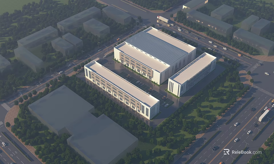 Modern Industrial Factory Building Aerial View With Green Landscaping And Road Access 3d model 