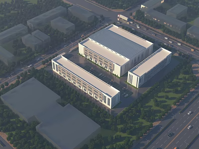 Modern Industrial Factory Building Aerial View With Green Landscaping And Road Access 3d model