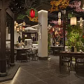 Traditional Chinese Restaurant Interior With Cherry Blossom Trees Lanterns And Water Features