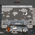 Starry Sky Themed Kids Room Interior With Cloud Decorations Moon Lights And Stuffed Toys