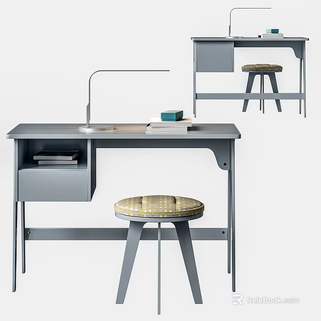 Modern Grey Desk Interior With Desk Lamp Books And Patterned Stool 3d model