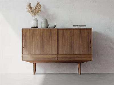 Minimalist Wooden Entryway Side Cabinet With Decorative Vases And Slim Legs 3d model