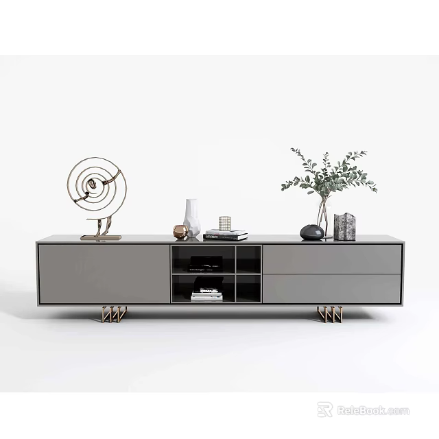 Modern Gray Sideboard With Metal Legs Open Storage And Decorative Plants On Top 3d model 
