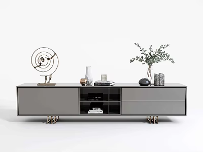 Modern Gray Sideboard With Metal Legs Open Storage And Decorative Plants On Top 3d model
