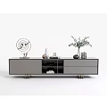Modern Gray Sideboard With Metal Legs Open Storage And Decorative Plants On Top