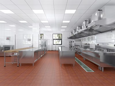 Spacious Commercial Kitchen Interior With Stainless Steel Worktables Ventilation Hoods And Red Tiled Floor 3d model