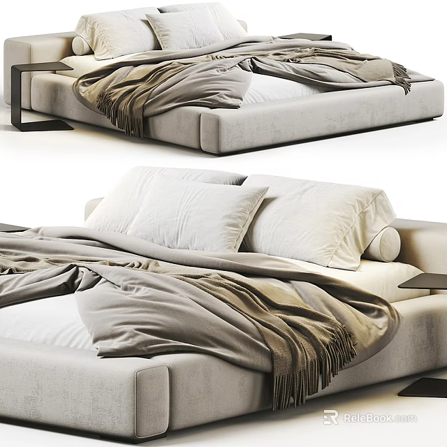Modern Double Bed With White Pillows Gray Fringed Blanket And Upholstered Frame 3d model 