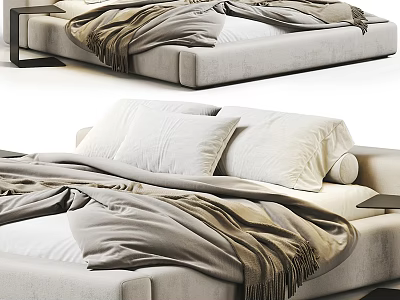 Modern Double Bed With White Pillows Gray Fringed Blanket And Upholstered Frame 3d model