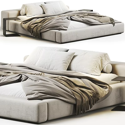 Modern Double Bed With White Pillows Gray Fringed Blanket And Upholstered Frame 3d model