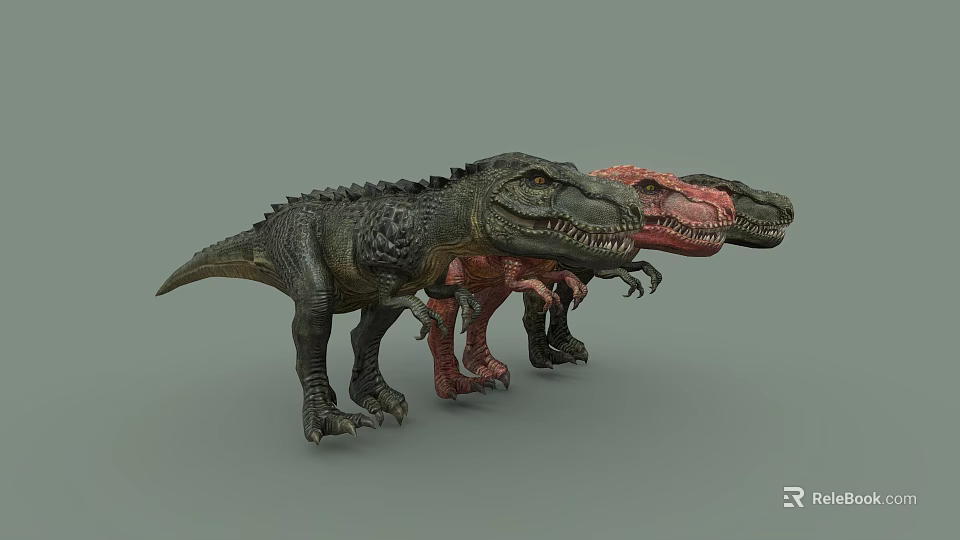 Realistic Dinosaur Models In Three Different Colors Standing With Detailed Textures 3d model