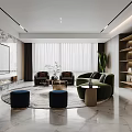 Modern Living and Dining Room Interior Design With Marble Island Glass Wine Cabinet Bar Stools