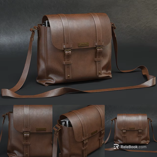 Brown Leather Crossbody Bag with Adjustable Strap Metal Buckles and Brand Logo Tag 3d model 
