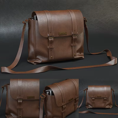 Brown Leather Crossbody Bag with Adjustable Strap Metal Buckles and Brand Logo Tag 3d model