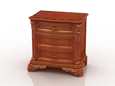 Wooden Bedside Table with Carved Details Three Drawers and Golden Handles 3d model