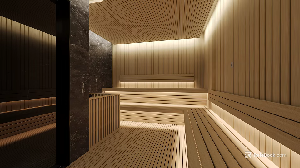SPA Sauna Interior Design With Wooden Walls Benches And Warm Lighting 3d model 
