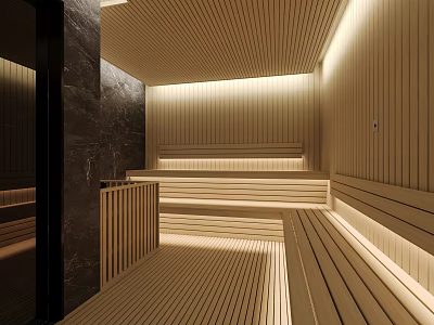 SPA Sauna Interior Design With Wooden Walls Benches And Warm Lighting 3d model