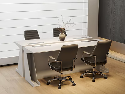 Modern White Office Desk with Vase Dried Branches and Black Office Chairs on Wooden Floor 3d model