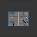 Blue Metal Storage Shelf With Multiple Drawers Partially Open And Gray Drawers