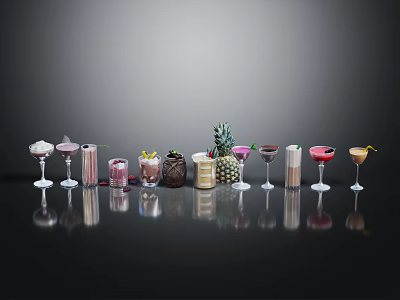 Assorted Colorful Cocktails in Different Shaped Glasses with Central Pineapple Decoration 3d model