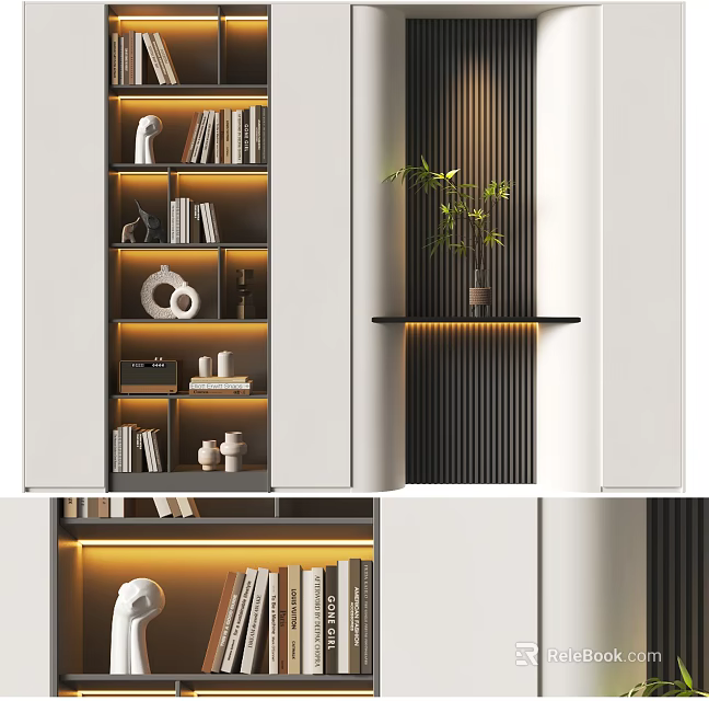 Modern Bookcase Interior Design With LED Lighting Books And Decorative Items 3d model 