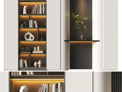 Modern Bookcase Interior Design With LED Lighting Books And Decorative Items 3d model
