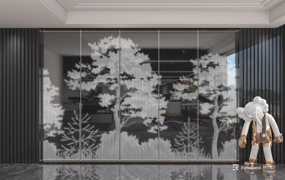 Modern Light Transmitting Glass Background Wall With Pine Tree Pattern 3d model 