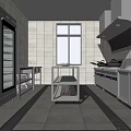 Commercial Kitchen Interior Design With Stainless Steel Equipment Ventilation Hood And Tile Wall