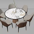 Modern Round Marble Dining Table Set with Six Light Upholstered Chairs and Dark Legs 3d model