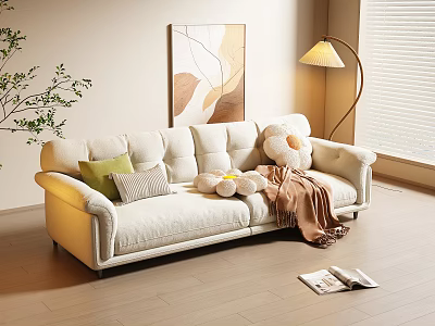 Beige Three Seater Sofa with Green Pillows Stuffed Bear and Blanket in Living Room with Floor Lamp 3d model