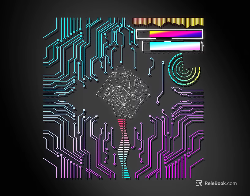 Colorful Lines on Black Background with Circuit Board Patterns Geometric Mesh Spiral Gradient 3d model 