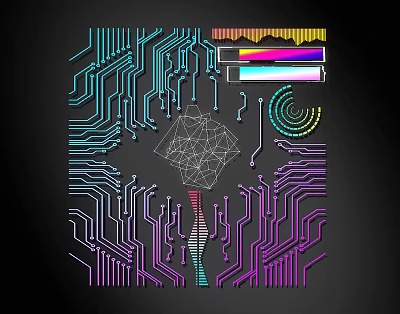 Colorful Lines on Black Background with Circuit Board Patterns Geometric Mesh Spiral Gradient 3d model