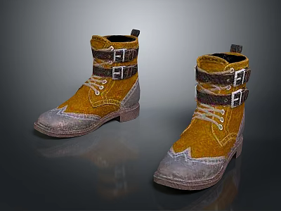 Yellow Daily Life Boots With Straps And Buckles Practical Vintage Style Footwear 3d model