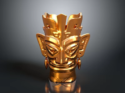 Golden Ancient Head Sculpture With Intricate Facial Features And Ornate Design 3d model