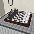 Play Equipment Chess Board Table With White Tile Surface Black White Pieces And Green Plant