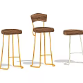 Three Stylish Bar Stools Featuring Wooden Seats Gold And White Metal Legs
