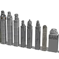 Traditional Stone Pillars With Various Carved Lion And Decorative Tops 3d model