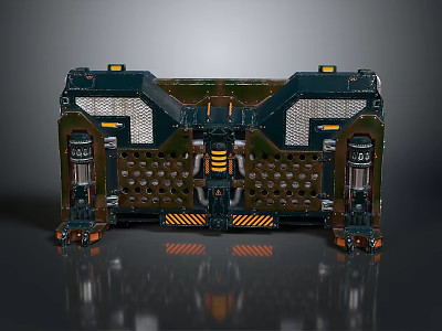 Industrial Mechanical Structure With Grille Panels Yellow Black Warning Stripes And Support Pillars 3d model