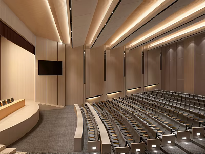 Modern Spacious Conference Room Interior With Tiered Seating Projection Screen And Recessed Lighting 3d model