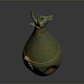 Ancient Bronze Goat Head Sculpture With Green Patina And Traditional Design